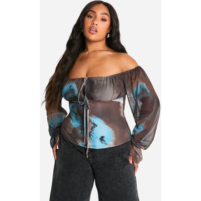 boohoo Dames Plus Large Floral Mesh Sleeve Bardot Korset Top | Chocoladebruin | Maat: 56