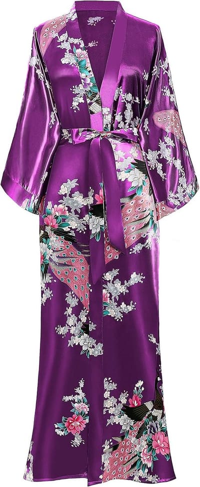 Damesochtendjas, kimono, lang model, met pauwenprint, ook geschikt als strandjurk, donker lila, onesize grote maten