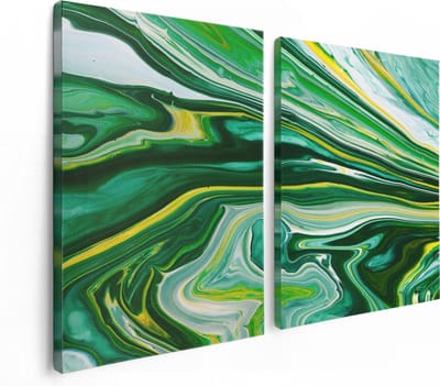 Artaza Canvas Schilderij Tweeluik Abstracte Kunst - Groen met Gele Verf - 120x80 - Foto Op Canvas - Canvas Print