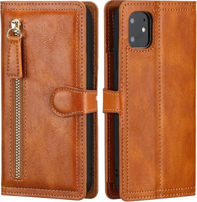 iPhone 12 / 12 Pro Book case met ritssluiting van LuxeBass - Flipcover - Magnetisch - 5 kaarten houder - Lichtbruin - telefoonhoes - gsm hoes - telefoonhoesjes