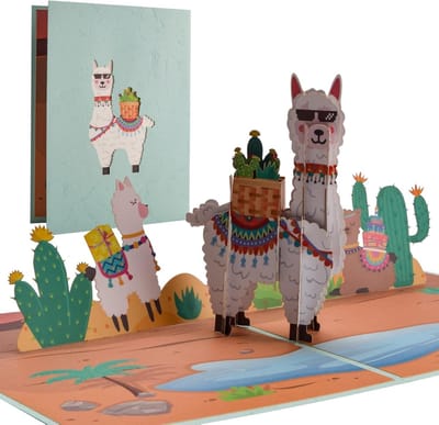 3D Pop-up verjaardagskaart, uitnodigingskaart en groetenkaart, geschikt voor alle leeftijden, met envelop en schattig alpaca ontwerp