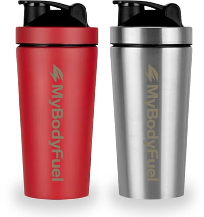 MyBodyFuel - RVS Shakebeker - 750 ml - met mixballetje & Mixfilter - Rood en Zilver - Set van 2 - Shaker - BPA-vrij