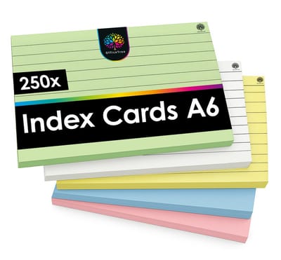 OfficeTree Flashcards A6 - Gelinieerd - 5 Kleuren - Indexkaarten voor School en Studie - Notitiekaarten voor Aantekeningen - 250 stuks