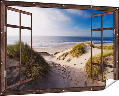 Gards Tuinposter Doorkijk Strand en Duinen - 180x120 cm - Tuindoek - Tuindecoratie - Wanddecoratie buiten - Tuinschilderij