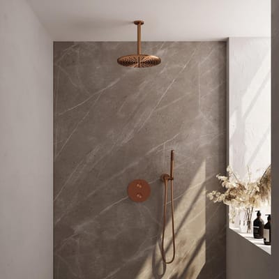 Brauer Copper Edition thermostatische inbouw regendouche 3-weg rond SET 78 met 30 cm douchekop en plafondarm en staaf handdouche en doucheslang en wandaansluitbocht koper geborsteld PVD