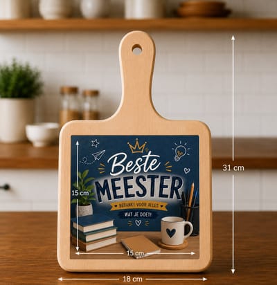 Kaasplank Beste Meester – Houten Serveerplank met Tegel 15x15 cm – Bedankje voor Meester – Plank 18x31 cm