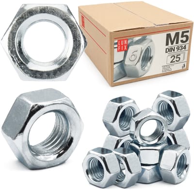 LUN FIX - Zeskantmoer M5 - 25 Stuks - DIN 934 - Sterkte 6 - Verzinkt staal - Moeren voor schroeven
