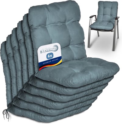 Beautissu Flair NL Stoelkussen Set 6x Lage Rugleuning 100x50x8 cm Duifblauw – Tuinstoelkussen