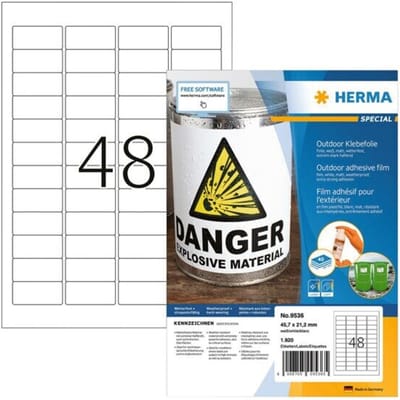 Herma 9536 Folie-etiketten 45.7 x 21.2 mm Folie, mat Wit 1920 stuk(s) Extra sterk hechtend Laser (zwart/wit), Laser (kleur), Kopiëren (zwart/wit),