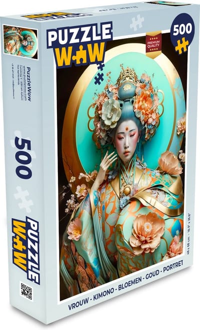 Puzzel Vrouw - Kimono - Bloemen - Goud - Portret - Legpuzzel - Puzzel 500 stukjes