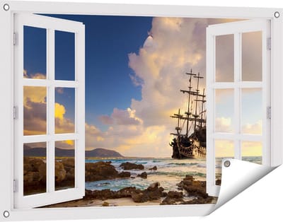 Gards Tuinposter Doorkijk Piratenschip aan de Kust bij Zonsondergang - 90x60 cm - Tuindoek - Tuindecoratie - Wanddecoratie buiten - Tuinschilderij