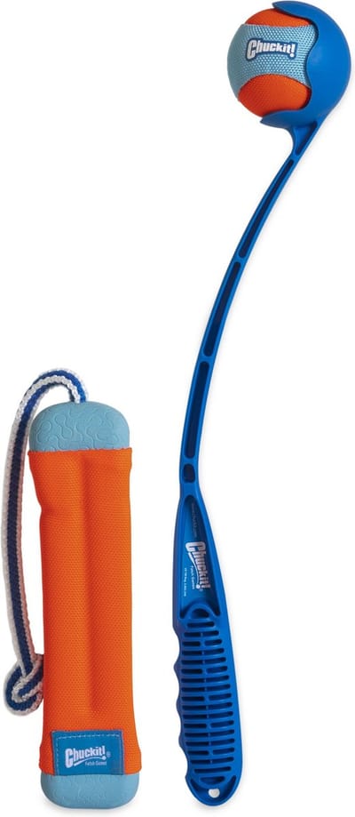 Chuckit! Amphibious Fetch Pack - M - Hondenspeeltje - Apporteerspeelgoed - Drijvend Hondenspeelgoed - Bal, Launcher en Bumper - Oranje/Blauw