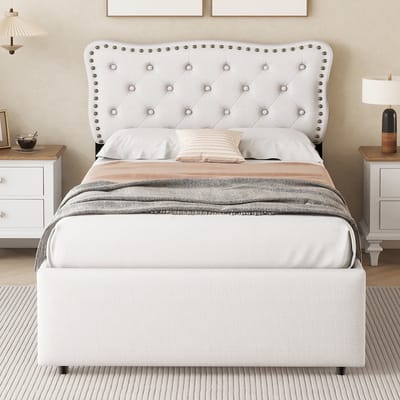 90x200 cm gestoffeerd bed - eenpersoonsbed - met decoratieve nagels bedtafel kussen - met 2 lades - licht beige - zonder matras
