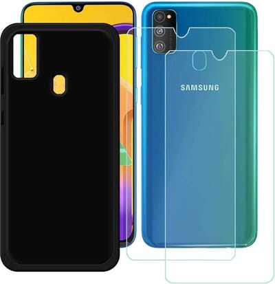 Silicone Soft Back Cover Hoesje Geschikt voor: Samsung Galaxy M20 Zwart TPU Siliconen Soft + 2X Tempered Glass Screenprotector