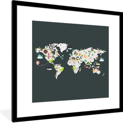 Wereldkaart - Kinderen - Dieren - Schoolplaat - Kinderkamer - 40x40 cm