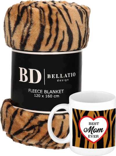 Cadeau moeder set - Fleece plaid/deken tijger print met Best mom ever mok - Mama ontspanning cadeau kerst, moederdag, verjaardag