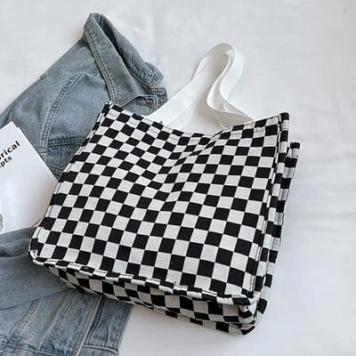 Waardevolle Tas Grote Capaciteit Schaakbord Geruit Canvas Schoudertas Modieuze Pendeltas Student Klas Handtas gray