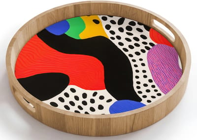 Dienblad rond 40x40 cm - Schootdienblad hout - Abstract - Vormen - Kleuren - Stippen - Borrelplank rechthoek - Plateau houten dienbladen