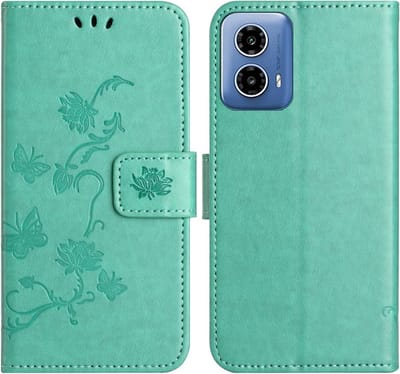 Coverup Hoesje - Geschikt voor Motorola Moto G35 Hoesje - Coverup Bloemen & Vlinders Book Case - Mintgroen