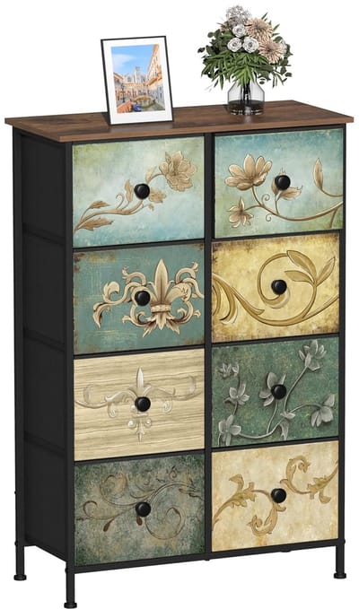 TRANKIELO® - Boheemse Slaapkamercommode met 8 Stoffen Laden – Houten Blad & Stalen Frame – Organizer voor Woonkamer en Hal