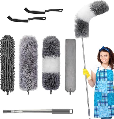 Veerstofdoek Kit - Plumeau Set - Hoge Plekken Stofvrij - Telescopische Verlengpaal - 16-100 Inch - Grijs