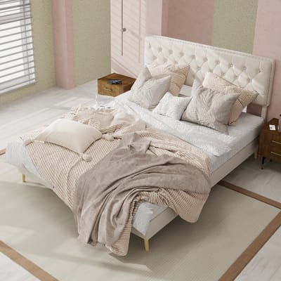 DESMIU Gestoffeerd Bed 140x200cm - Elegant Slaapbed Met Gevoerde Hoofdbord - Stevige Lattenbodem - Extra Opbergruimte Onder Bed - Beige - Zonder Matras