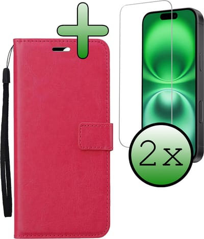 Hoesje Met 2x Screenprotector - Geschikt voor Apple iPhone 16 - Luxe Pasjeshouder - Bookcase Portemonee - Flip Case - Kunstleer Book Case - Flipcase Hoes - Book Cover - Walletcase - Portemonneehoes - Donkerroze