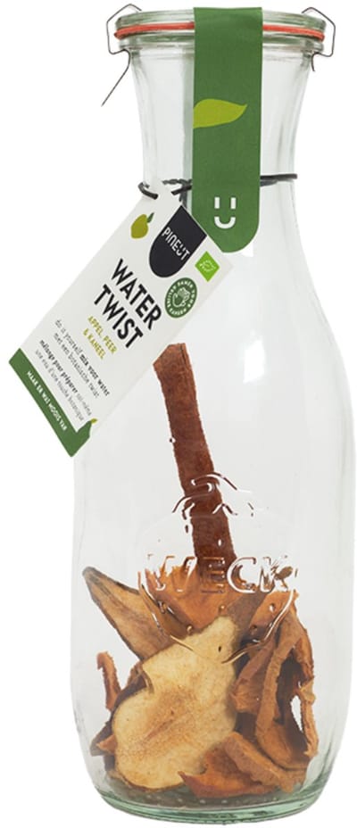Pineut ® Watertwist - Tafelwater Appel, Peer & Kaneel - BIO - Waterkaraf met deksel - Waterkan Glas 1L - Orginineel cadeau - Water met een smaakje - Hervulbaar - Gezond & Gezellig genieten