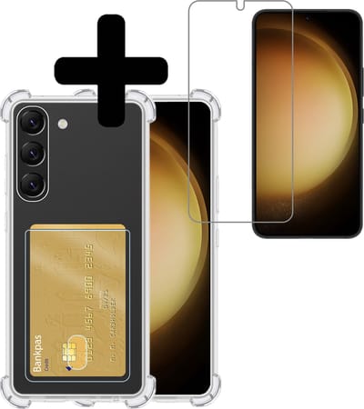 Hoesje - Geschikt voor Samsung Galaxy S23 - Met Screenprotector - En Pashouder - En Kaarthouder - Telefoon Hoes Shockproof - Siliconen Case - Back Cover - Shock Proof - Pasjes Houder - Telefoonhoesjes - Transparant