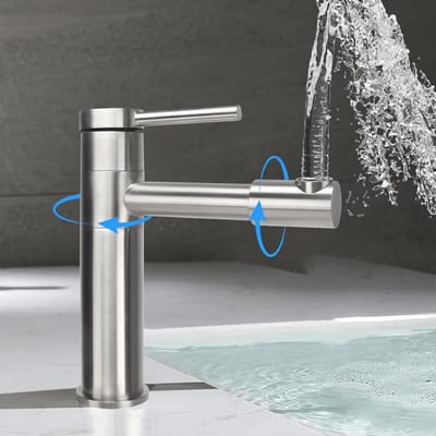 720° Rotatable Badkamerkraan van RVS met Keramische Cartridge - Enkele Hendel Mengkraan voor Warm en Koud Water in Geborsteld Zilver