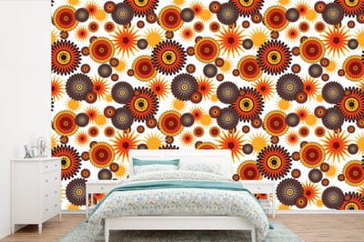 Behang - Fotobehang Design - Retro - Oranje - Bloemen - Breedte 360 cm x hoogte 240 cm