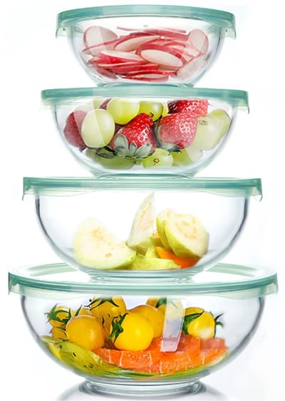 Dailygoods- Saladekomset 4 Stuks - Hoogbrosilicaatglas - BPA-vrij - Magnetron- en Vaatwasmachinebestendig - Stapelbaar - Lekvrij - Geschikt voor Mixen en Serveren - Mengkom