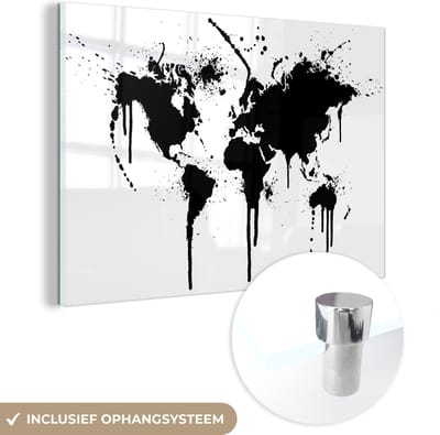 ® Glasschilderij 180x120 cm - Schilderij acrylglas - Wereldkaart - Inkt - Zwart - Wit - Kinderen - Jongens - Meisjes - Foto op glas - Muurdecoratie woonkamer - Wanddecoratie slaapkamer - Schilderijen