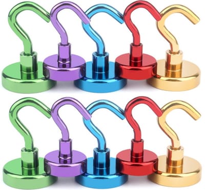 TLVX 10 stuks Haak magneet Groen, Paars, Blauw, Rood, Goud 16mm x 36mm / Erg sterk / 7 KG trekkracht / Magnetische ophanghaak / Magneet met haak / Metalen haak / Deurmagneet haak voor sleutels / Koelkast magneet handdoek / Magneet Gereedschap / Foto