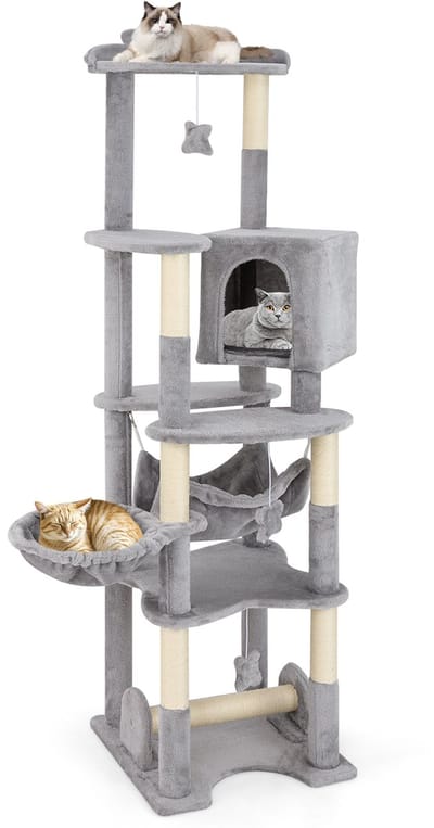 COSTWAY 176 cm krabpaal van hout, grote kattenkrabpaal met hol, mandbed, hangmat, sisalpalen & platforms & speelgoed, activiteitenboom, kattenmeubel, klimboom, grijs