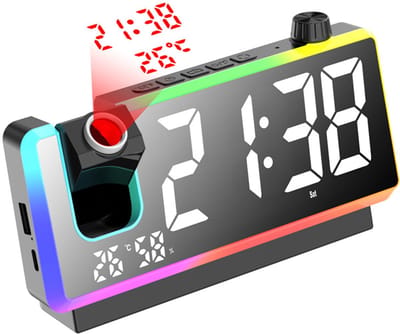 Wekker met projectiefunctie voor de slaapkamer, digitale klok met 180° projector, led-display, dubbele alarmen, temperatuur- en vochtigheidsweergave, dubbele USB-poort, voor diepe slapers