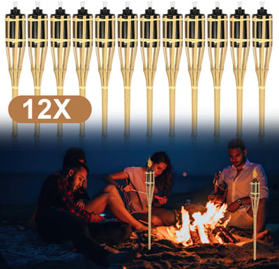 12 oil garden torches, bamboo and iron, height 90 cm, for patio décor and outdoor parties