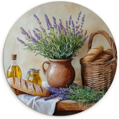 WallCircle® Wandcirkel 60x60 cm - Muurcirkel Lavendel - Brood - Stilleven - Muurdecoratie woonkamer - Wanddecoratie keuken - Kamer decoratie accessoires - Ronde schilderijen