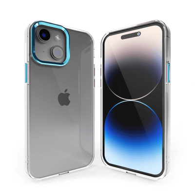 Coverzs telefoonhoesje geschikt voor Apple iPhone 13 hard case met metalen camera bumper - doorzichtige hard cover met opstaande randen rondom camera - camera bescherming - blauw