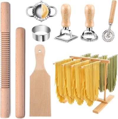 Pastamaker Set - Noodles Maken - Zelf Pasta Maken - 9 Delig Keukengerei - 37cm Lengte - Houtkleur