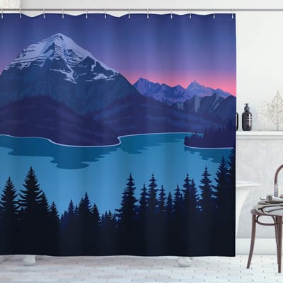 ABAKUHAUS Avontuur Douchegordijn Berg Hills – 175x180 cm – Blauw/Roze