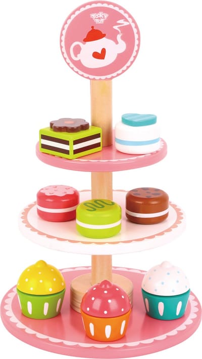 Tooky Toy Houten Etagère Met Gebakjes Roze/wit 12-delig