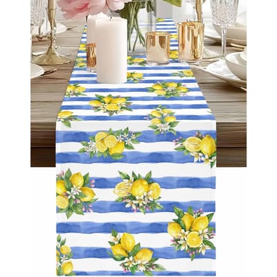 Waterverf Citroen Fruit Blauwe Strepen Linnen Tafelkleed Feestdecoratie Herbruikbaar Keuken Eettafelkleed Bruiloftsdecoraties 150x33cm gray