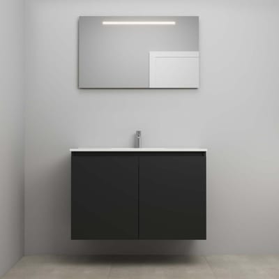 On-Line Badkamermeubelset - 100 cm - Bouwpakket - Greeploos 2 Deuren - Porseleinen Wastafel - 1 Kraangat - Spiegel met LED-Verlichting - Mat Zwart