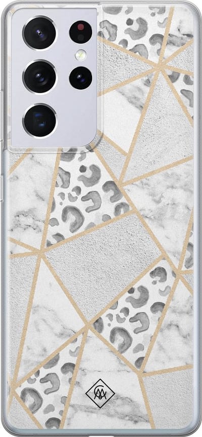 Casimoda® hoesje - Geschikt voor Samsung S21 Ultra - Stone & Leopard Print - Backcover - Siliconen/TPU - Bruin/beige