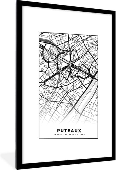 Fotolijst incl. Poster Zwart Wit- Frankrijk - Kaart - Plattegrond - Puteaux - Stadskaart - Zwart wit - 60x90 cm - Posterlijst