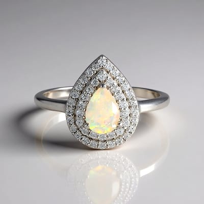 Cavill - Verfijnde Damesring 925 Sterling Zilver Geplatineerd - Welo Opaal 0,37 ct en Zirkonia 0,59 ct - Drupvormige Edelsteen
