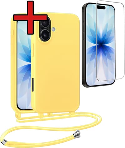 Hoesje Geschikt voor iPhone 17 Hoesje Siliconen Case Met Koord Met Screenprotector - Hoes Geschikt voor iPhone 17 Hoesje Backcover Met Telefoonkoord - Geel