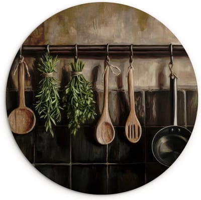 WallCircle® Wandcirkel 30x30 cm - Muurcirkel Keukengerei - Rustiek - Tegels - Kruiden - Muurdecoratie woonkamer - Wanddecoratie keuken - Kamer decoratie accessoires - Ronde schilderijen