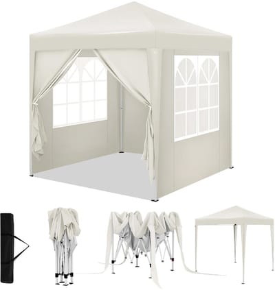 Varnox Partytent - Feesttent - Tent - Paviljoen tent - Inklapbare partytent - Pop-up partytent - Tuin tent - Buiten tent - Tuinluifel - Waterdicht - Afsluitbaar - UV Bescherming - Losse zijkanten - Hoogte verstelbaar - 2x2 meter - Wit/Beige